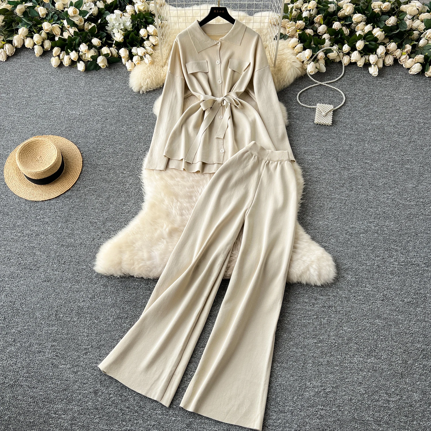 Women Knit Matching Two Pieces Set Single Breasted Long Sleeve Knitted Cardigan + High Waist Long Pants Clothing Suits