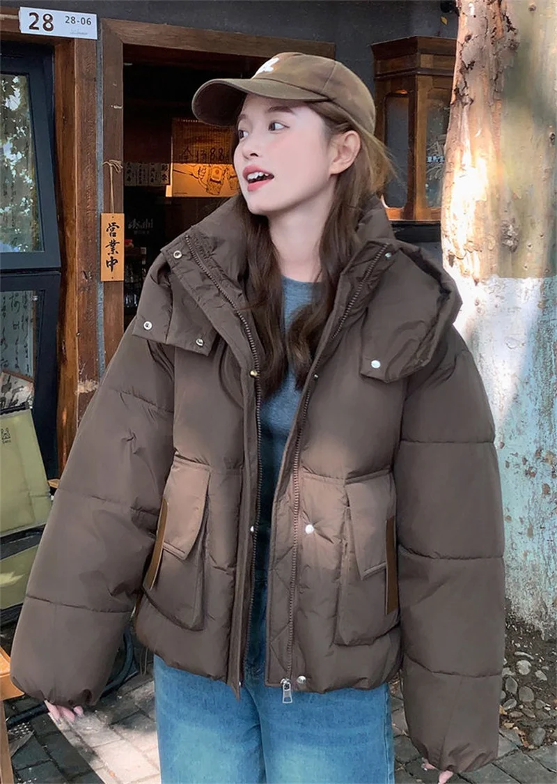 

White Parka Short Down Cotton Jacket For Women 2025 New Winter Fashion Hodded Loose And Small Thick Warm Quilted Cotton Jacket