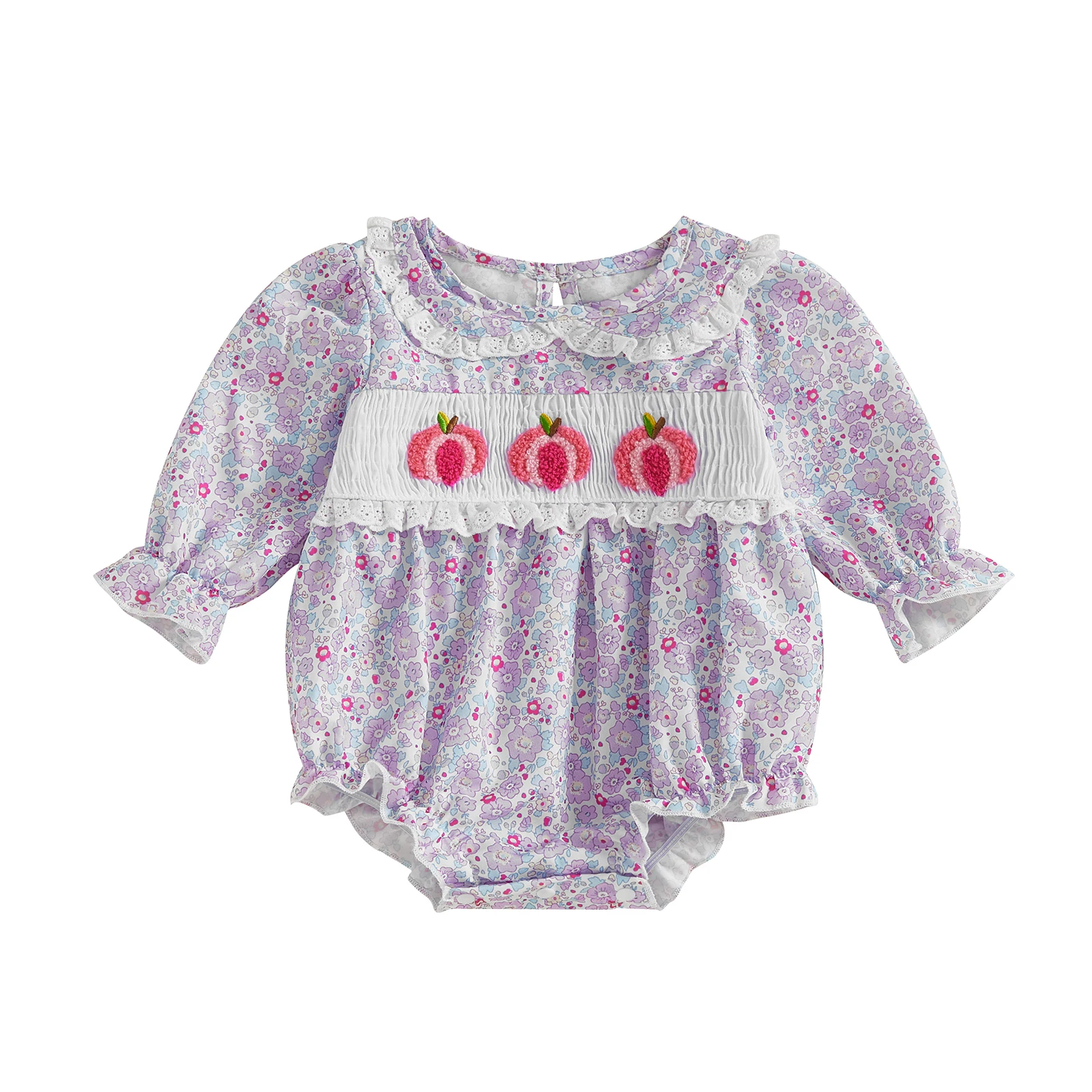 

Baby Girl Halloween Romper Pumpkin Floral Smocked Lace Trim Long Sleeve Bodysuit Cute Fall Clothes