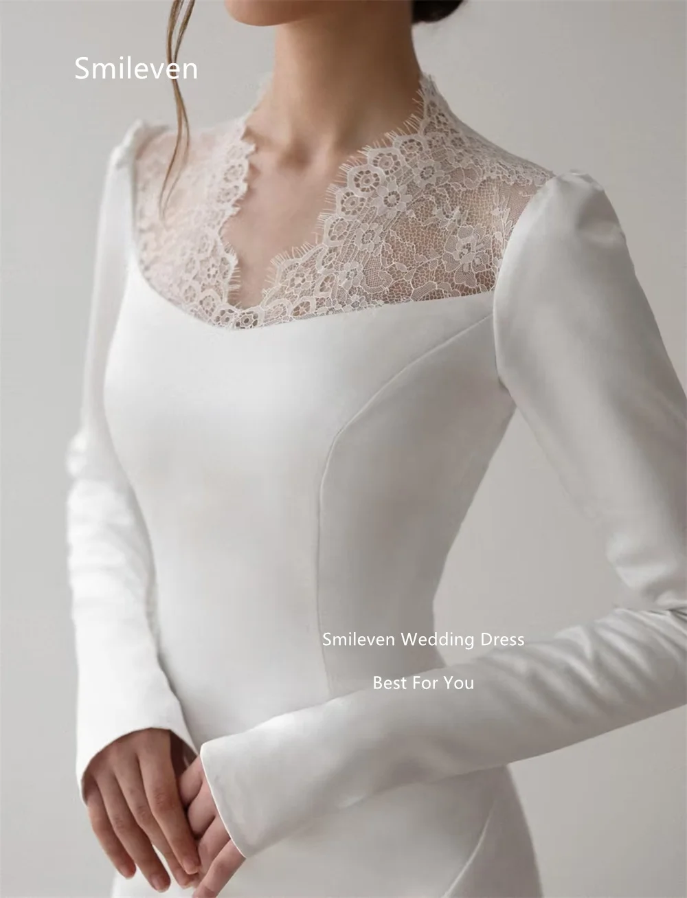 Smileven White Mermaid Wedding Dresses Lace Yoke V‑Neck Long Sleeve Bridal Dress Side Pearl Buttons Train Gowns Customized 2026