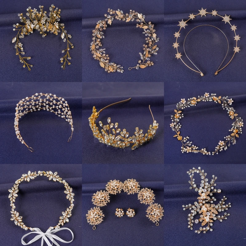 

Gold Color Flower Leaf Hairband For Women Party Crystal Pearl Headband Bridal Wedding Hair Accessories Jewelry Comb Band Tiara