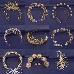 Gold Color Flower Leaf Hairband For Women Party Crystal Pearl Headband Bridal Wedding Hair Accessories Jewelry Comb Band Tiara