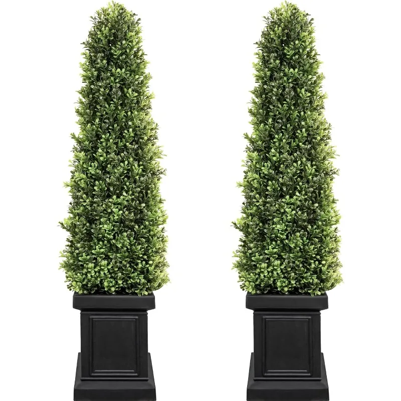 

4ft Boxwood Outdoor Topiary Set of 2, Tall Porch Trees, All-Year Green Fake Plant Topiary Trees Artificial Outdoor with Sturdy P