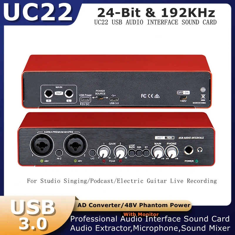 

UC22 Audio Interface Sound Card 24-Bit/192KHz AD Converter Electric Guitar Live Recording Sound Mixer For Studio Singing Podcast