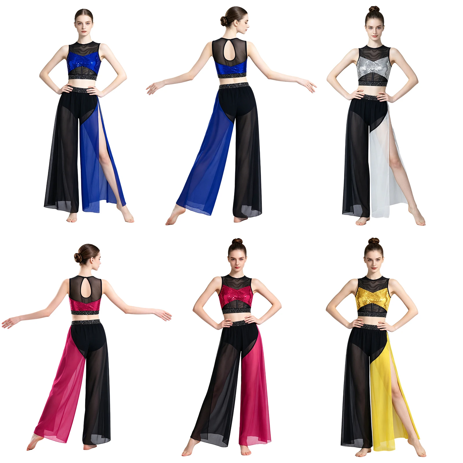 Women Modern Lyrical Dance Outfit Sequin Rhinestone Crop Top with Mesh Wide Leg Pants Skating Gymnastics Acrobatics Dancewear