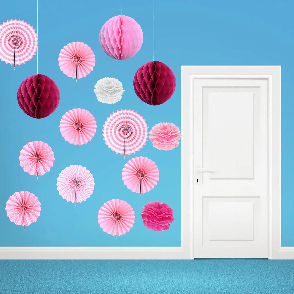 

16Pcs Paper Fan Flowers Honeycomb Balls Tissue Pom Poms Hanging Decorations Wedding Birthday Party Shower Festival