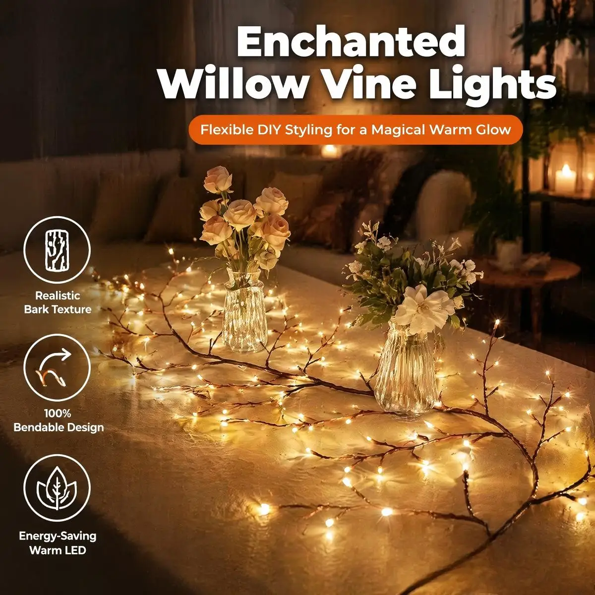 Flexible DIY Willow Vine Branch Lights LED Warm Glow Artificial Bark Texture Bendable Fairy Lights String Aesthetic Room Decor Wall Garland Hanging Vine Lamp for Fall Autumn Harvest Halloween Thanksgiving Christmas Home Living Room Bedroom