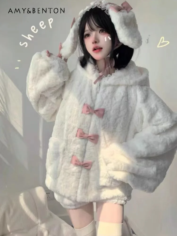 Sweet Girl Soft Plush Rabbit Ear Hooded Coat Women Winter Cute Bow Loose Padded Jacket Pure Color All Match Kawaii Y2K Jackets