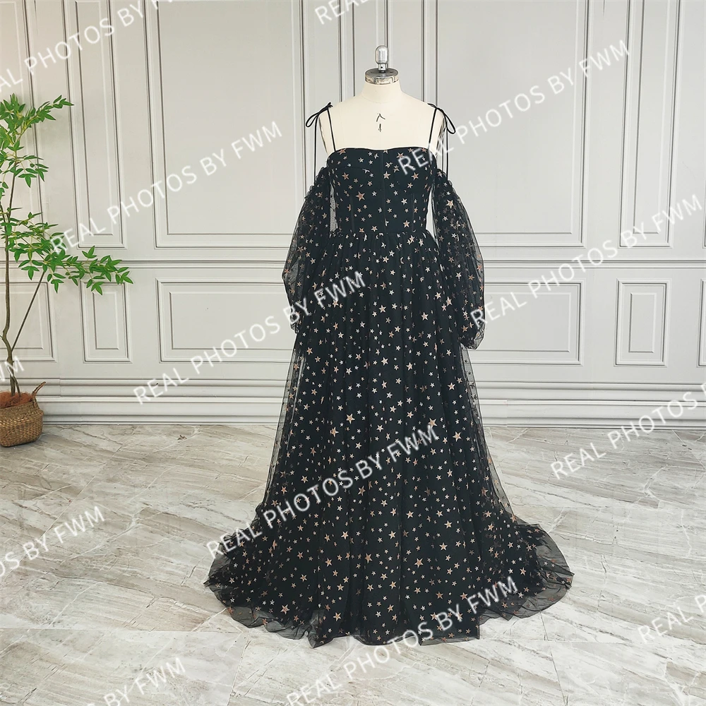 15187# 100% Customzied Black Stars Tulle A-line Evening Dress For Women Engagement Party Gown With Side Split 2024