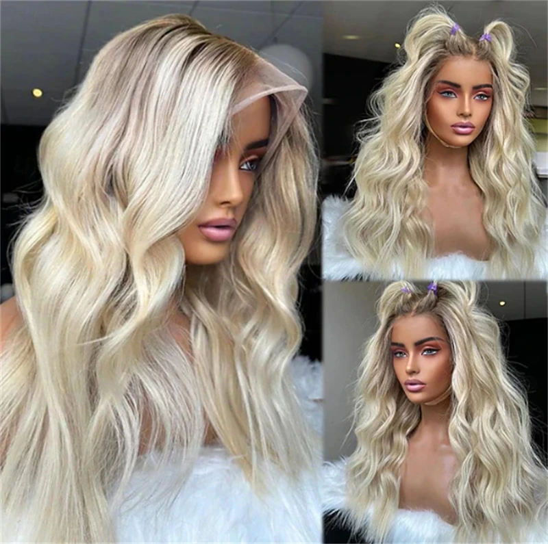 24 Inch Long Wave Wig 13x4 Ombre Platinum Blonde Soft Balayage Wavy Wig Ombre HD Invisible Lace Front Wig Small/Large Size Cap