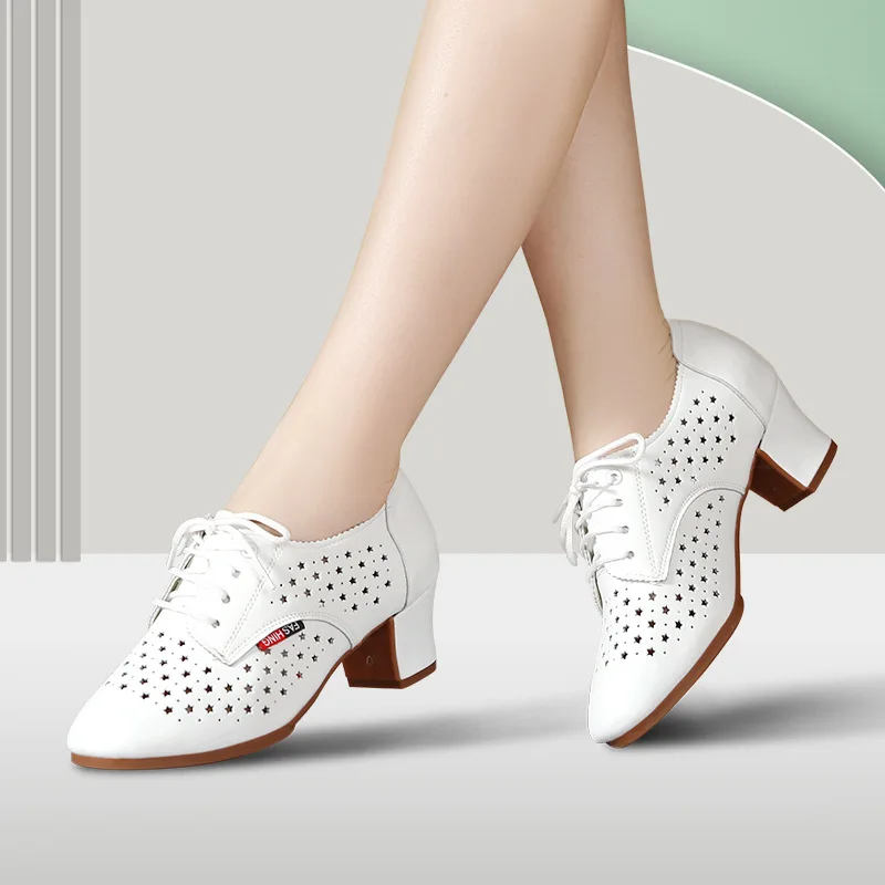 Hollow Out Women's Jazz Dance Shoes Yoga Latin Modern Dance Shoes Women Black White Leather Summer Practice Shoes