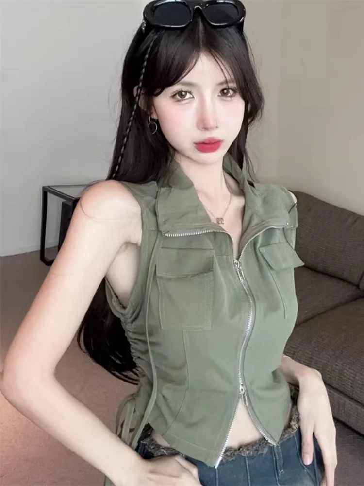 2026 Summer New Women American Vintage Polo Collar Zip Up Cargo Vest Y2K Drawstring Curved Hem Crop Tank Top Streetwear