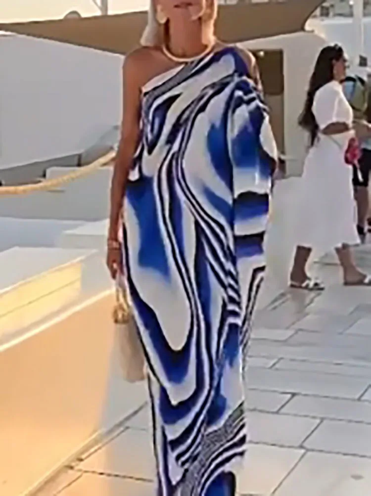 Abito lungo da donna sexy con spalla inclinata, abito lungo ampio con stampa a righe elegante primaverile, abiti da spiaggia Boho senza schienale estivi