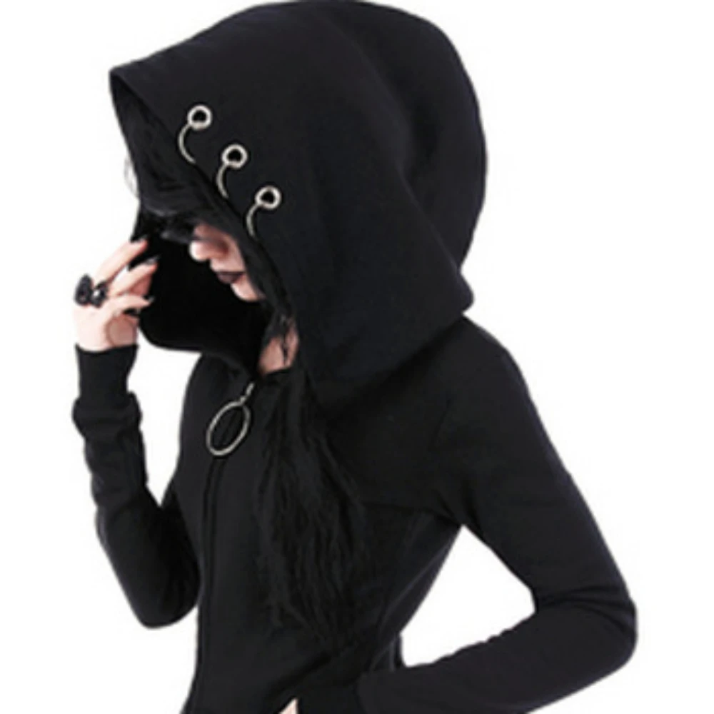 New in Outerwear Women Sweat-shirt Punk Zip Up Hoodie Oversized Long Sleeve Gothic Clothes Iron Ring Hooded Pocket Sweatshirt