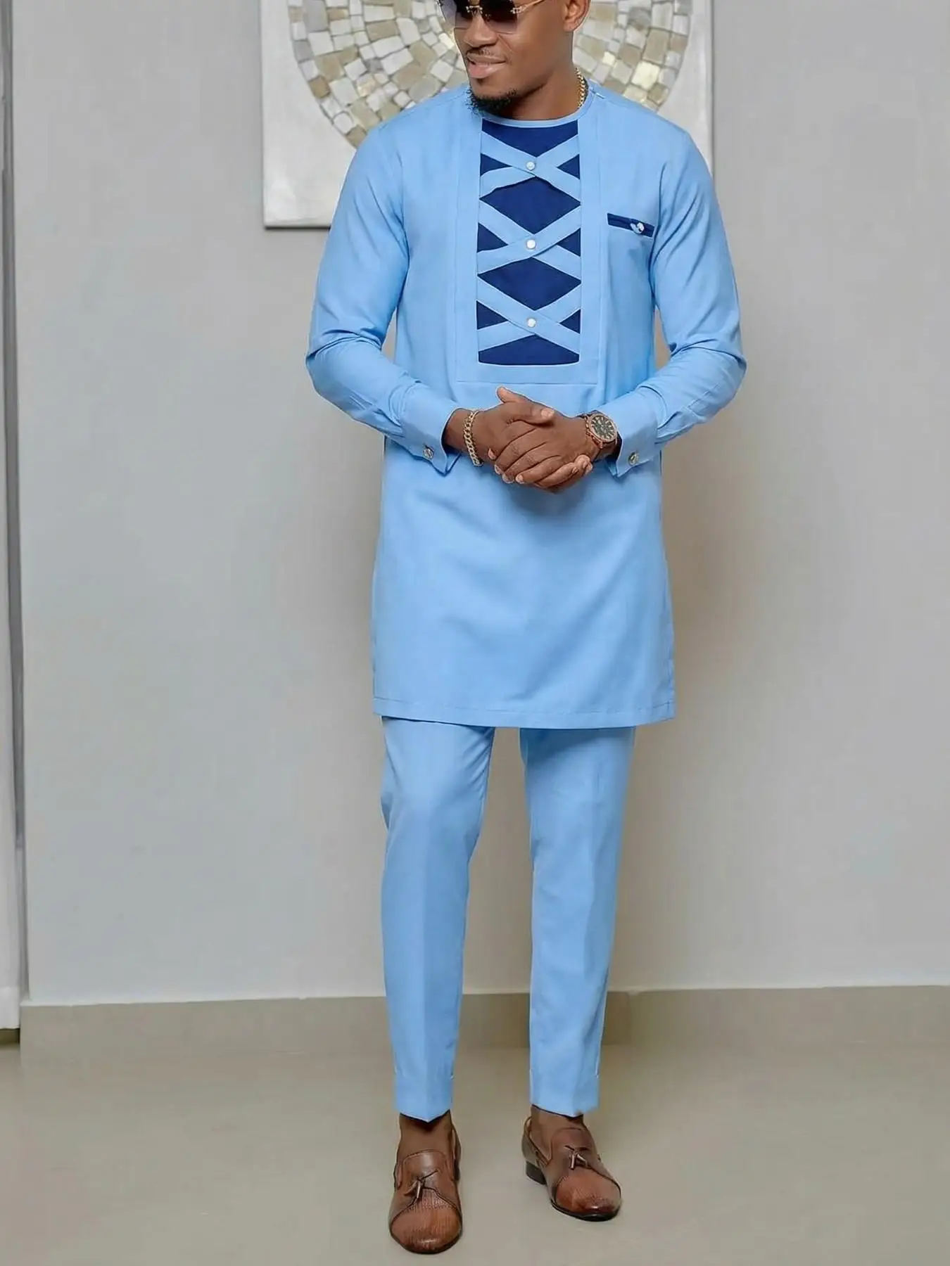 African & Middle Eastern Men's Traditional Outfit Sky Blue Set Long Sleeve Dashiki Top with Pants Ethnic Wear for Wedding Party