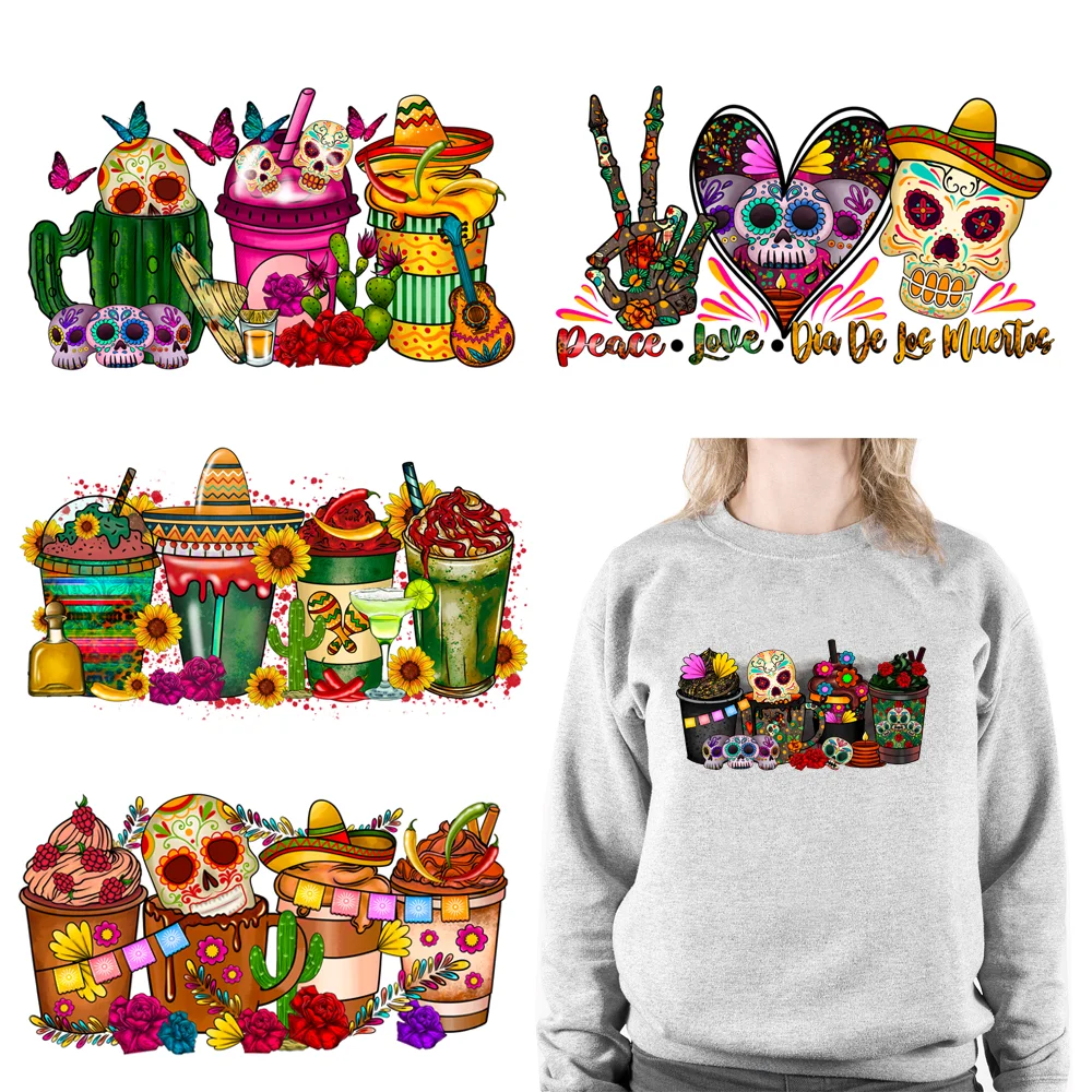 Mexico Coffee Peace Love Dia De Los Muertos DTF Printing Iron on Decals Heat Transfers Stickers for Clothes