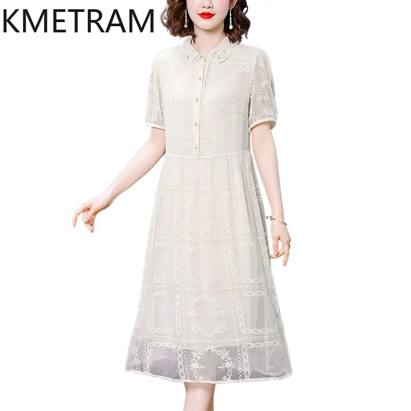 KMETRAM 100% Mulberry Silk Dress Women Summer 2024 Luxury Party Long Dresses Fashion Womans Clothing White Dress Vestidos Largos