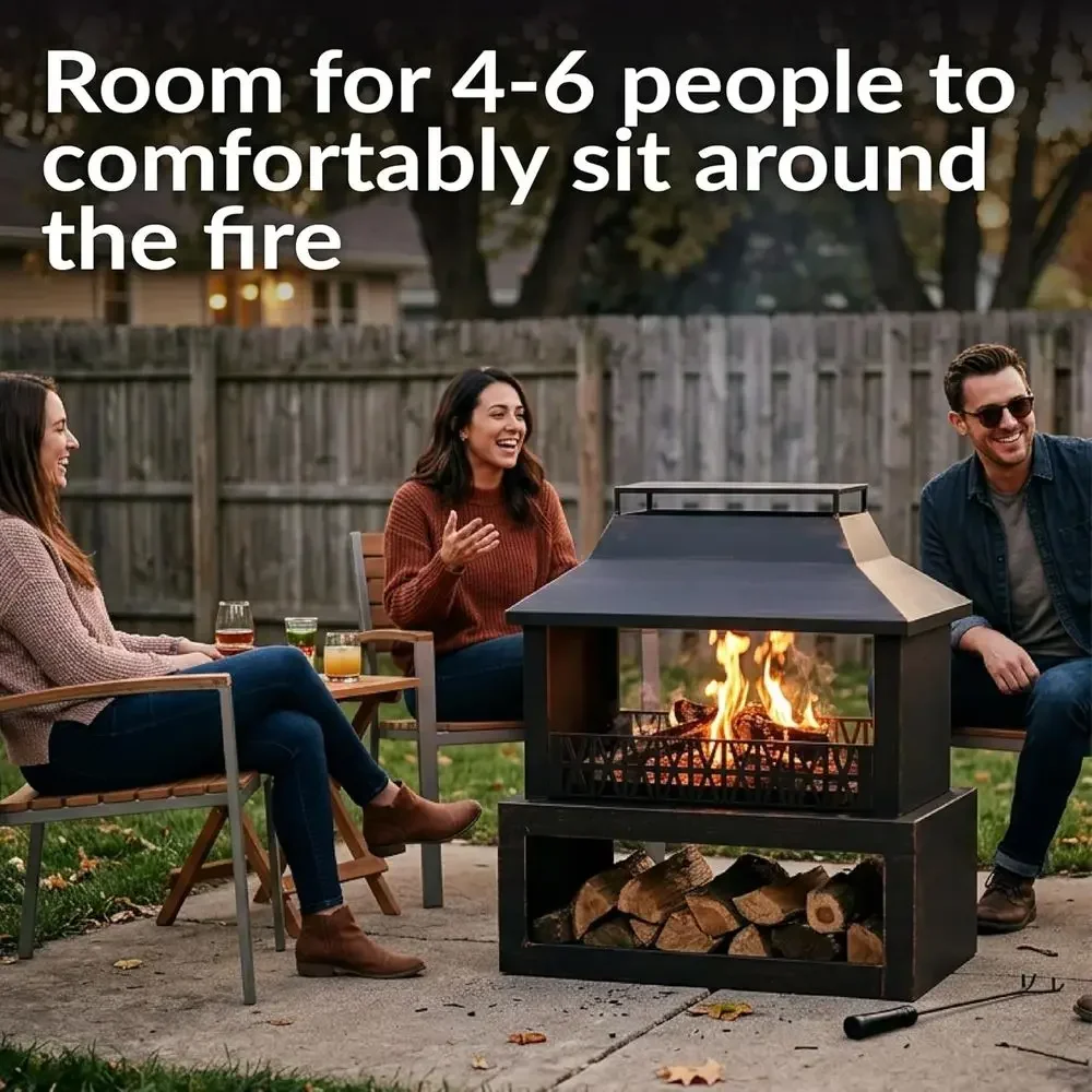 35-Inch Heavy-Duty Steel Outdoor Fireplace with Built-in Log Storage and Protective Cover - Brushed Bronze