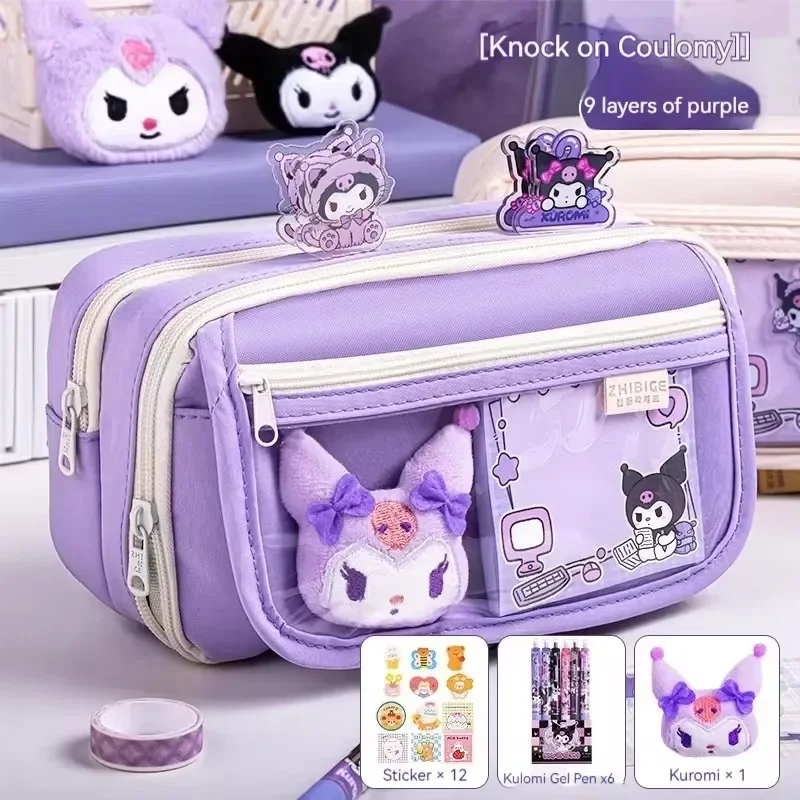 miniso estojo para lapis de grande capacidade kuromi para meninas ziper bonito bolsa para caneta conjunto completo de material escolar infantil bonito 01