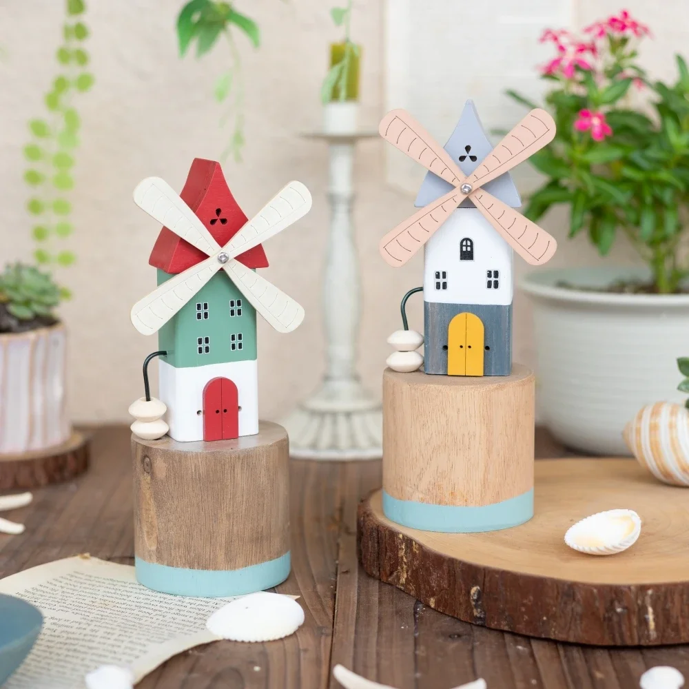 Vintage Wooden Windmill House Figurine Ornament for Home Room Office Accessories Rustic Farmhouse Tabletop Decor Birthday Gift