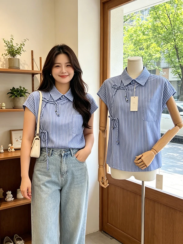 

plus Size Women's Neck Shirt Summer 2026 Striped Short Sleeve Belted Design Fashionable Casual Wear Resistant Deformation