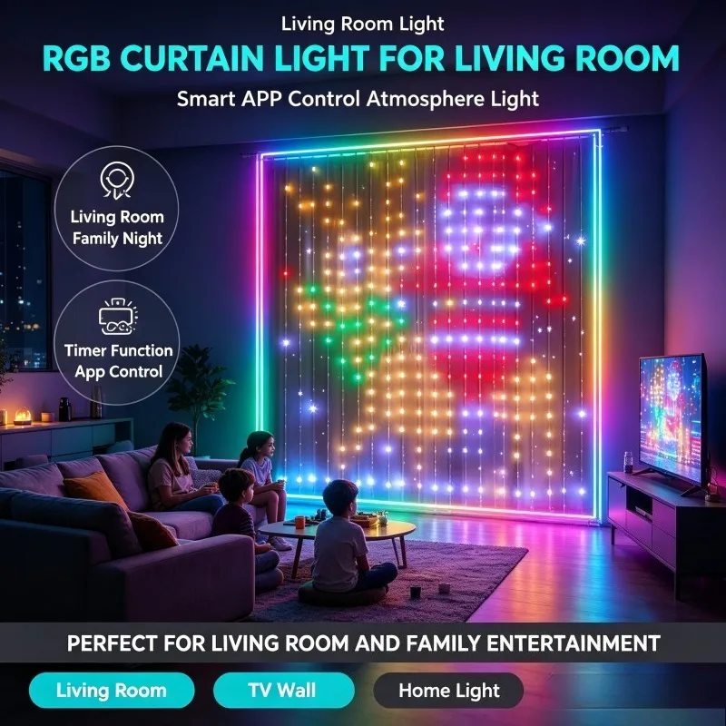 Music Synchronization RGB Curtain Light DIY Scene Christmas for Window Bedroom Wall Decor Remote Timer Brightness Setting