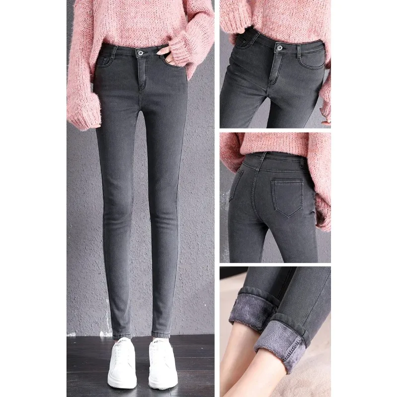winter warm thick fleece woman's jeans with high waist pants woman mom jeans women's jeans for women jean femme clothe black