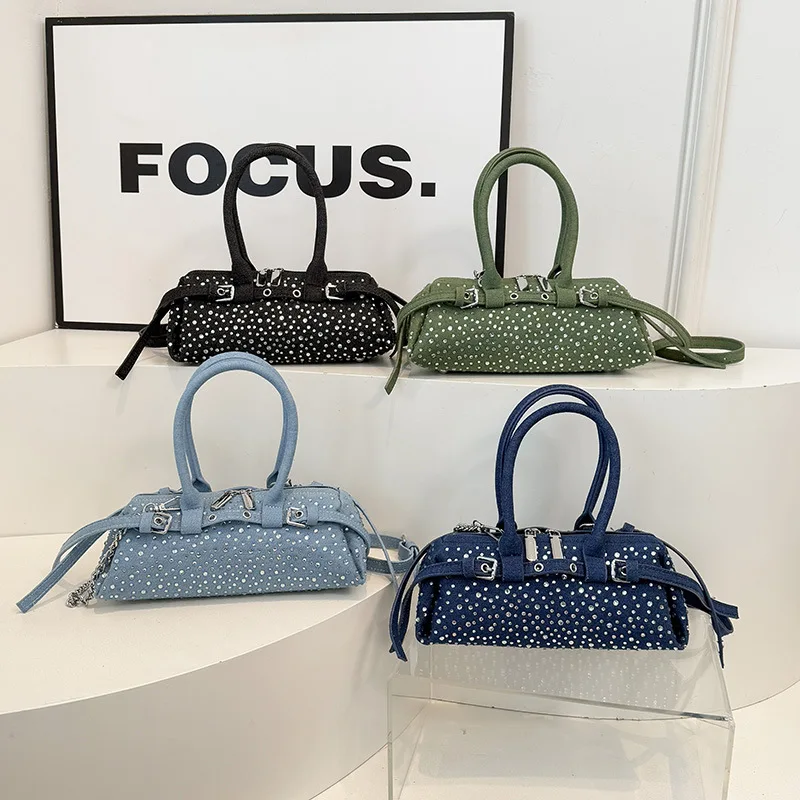 

Новая женская сумка, декоративная джинсовая сумка с бриллиантами, модная сумка с диагональной цепочкой, универсальная трендовая сумка на плечо