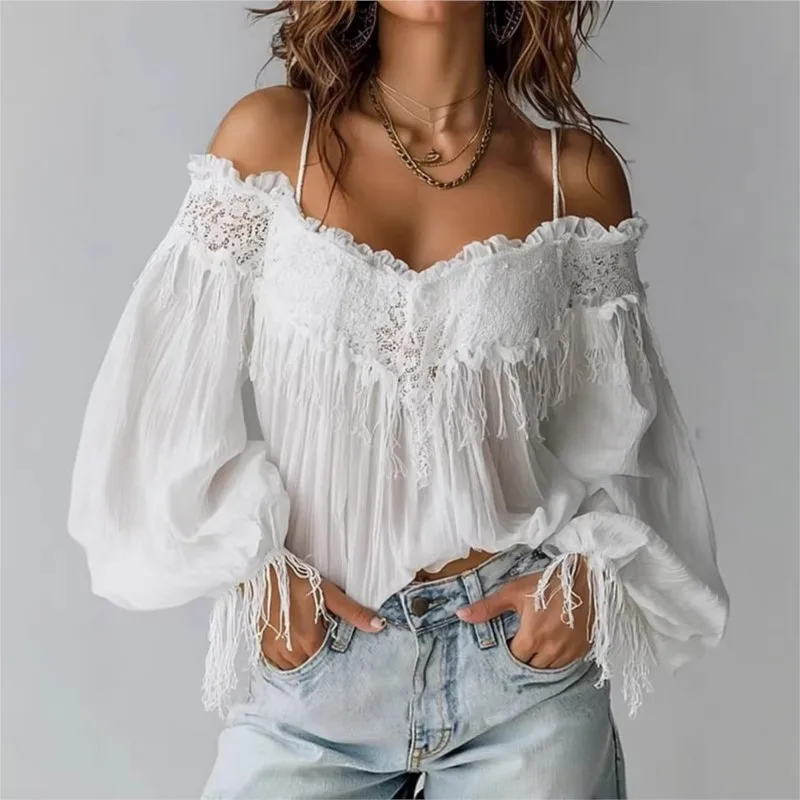 

Y2k Fashion Woman's Lace Top Summer Sexy Foreign Style Strap V-neck Loose Shirt Ladies Elegant Versatile Office White Blouses