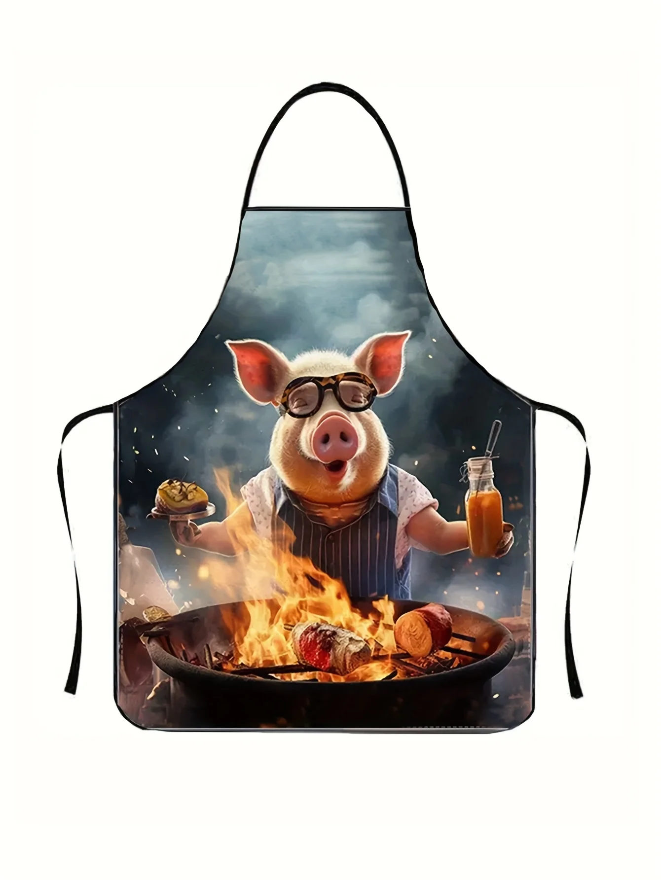 Delantal de Cocina con Diseño de Cerdo de Dibujos Animados, Elegante y Divertido, con Escena de Barbacoa, Tela de Poliéster, Lazos Ajustables (1 Pieza)