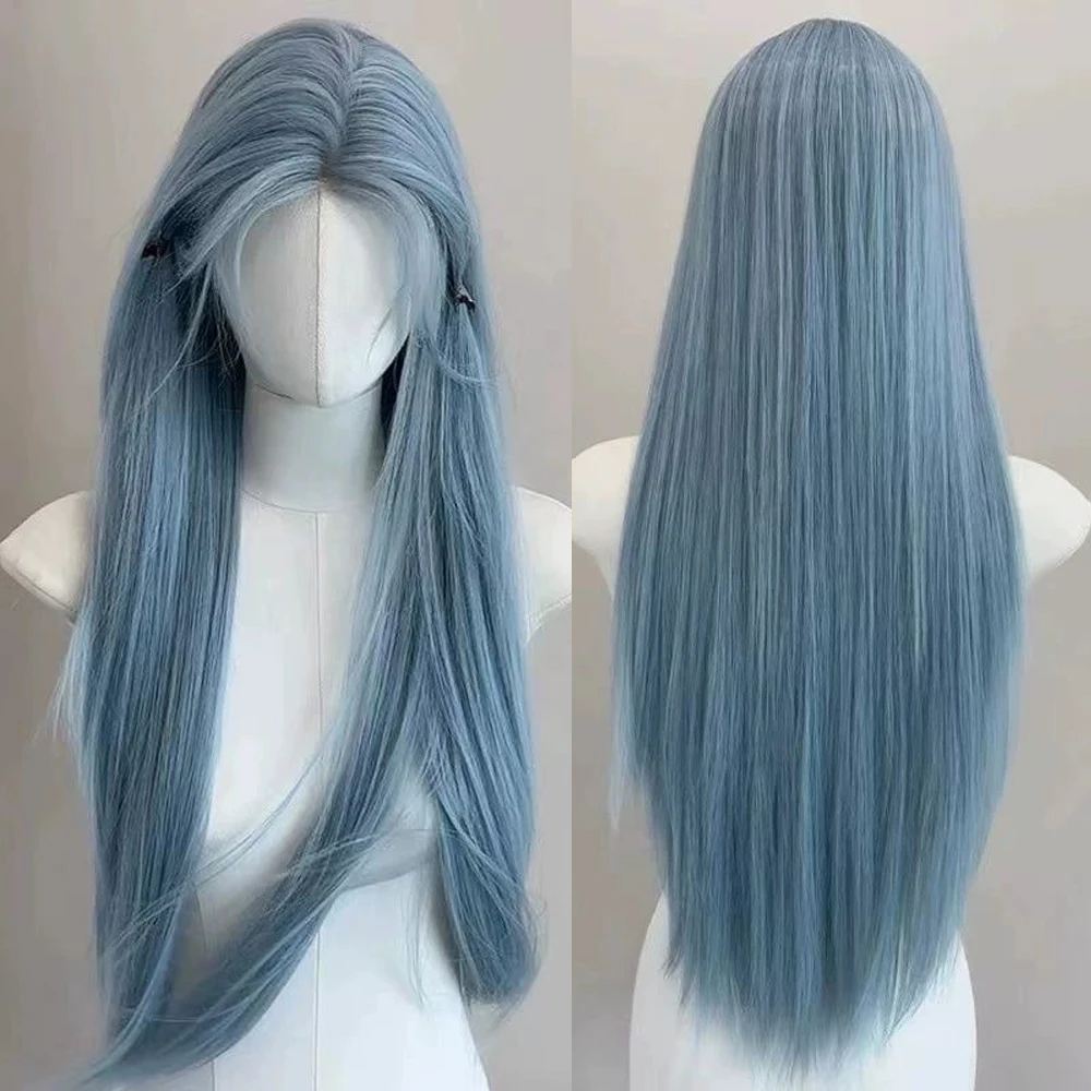 ロングストレートブルーレース合成かつら中間部ふわふわロリータコスプレウィッグ耐熱毎日のパーティー