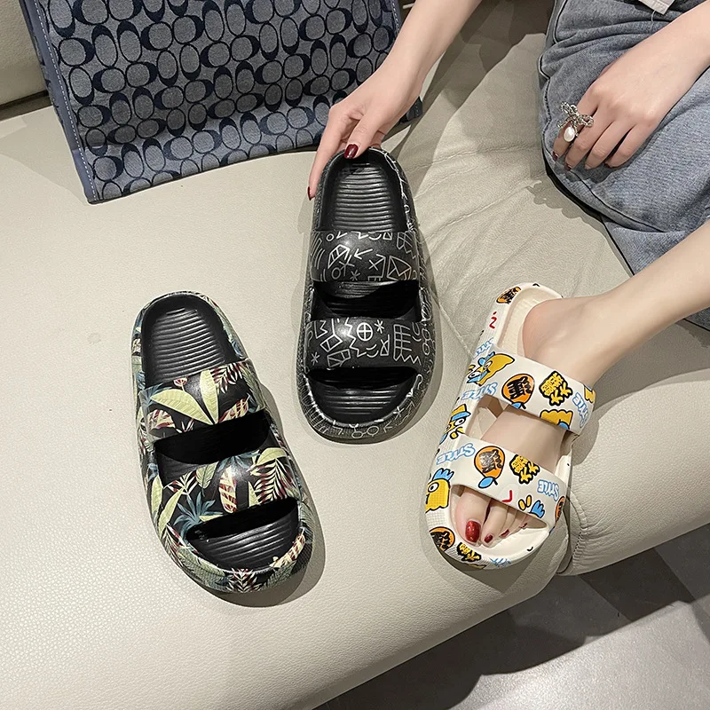 Summer Women's Slippers Thick Bottom Graffiti Home Indoor One-Tip Slippers Anti-slip Soft Bottom Couple Double Strap Sandals