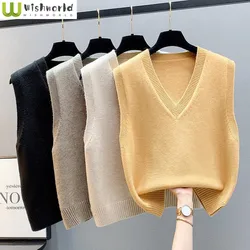 New Knitted Tank Top Coat Spring and Autumn Kam Shoulder Women's Sweater Korean V-neck Loose Autumn/Winter Vest for Outwear