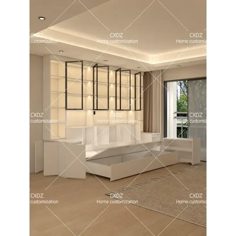 Living Room Sofa Bookcase Locker Integrated Wall Unit with Pull Out Bed Custom Retractable Multi Functional Storage Cabinet