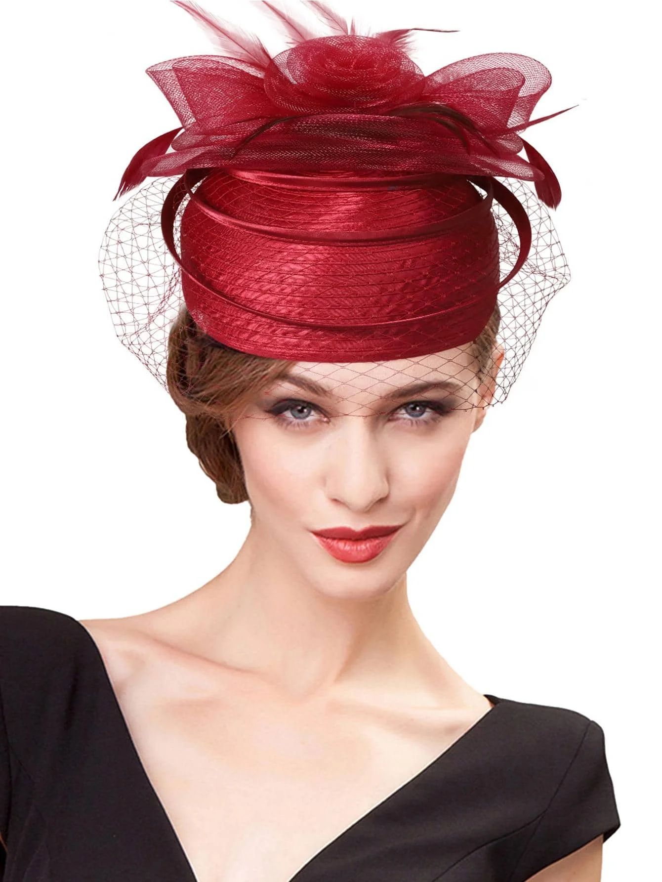 2024 Wedding Church Red Hats Fascinators For Woman With Feather Veil Cocktail Party Headdress Lady Elegant Kentucky Derby Cap