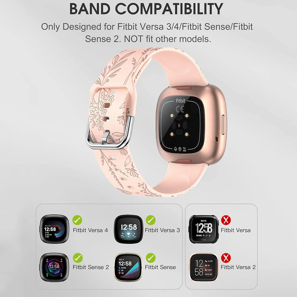 سوار سيليكون منقوش عليه زهور لساعة Fitbit Versa 4 3 حزام ساعة رياضي ناعم ولطيف للنساء والرجال لساعة Fitbit Sense 2