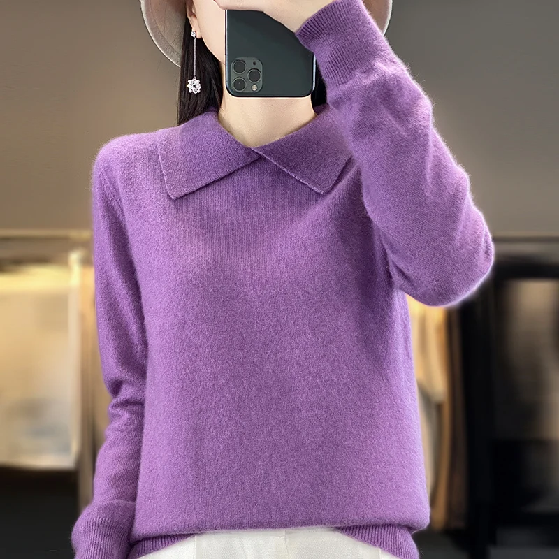 

2023 Autumn Winter New 100% Pure Wool Knit Sweater Ladies Doll Collar Loose Pullover Fashion Tops Warm Women's Jacket Base Shir