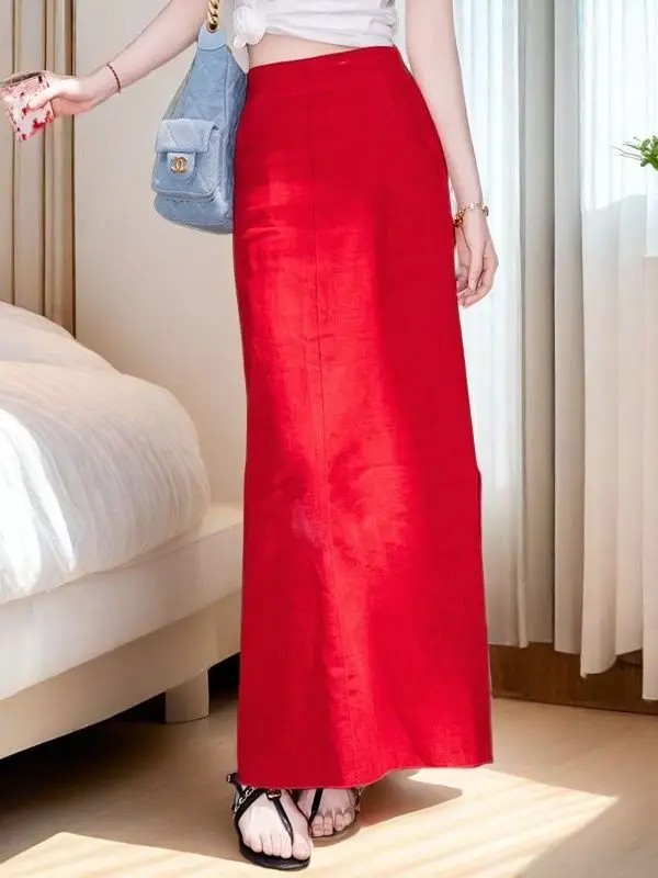 

Лучшая красная юбка больших размеров с длинным боковым разрезом и высокой талией, утягивающая женская летняя новая юбка прямого кроя