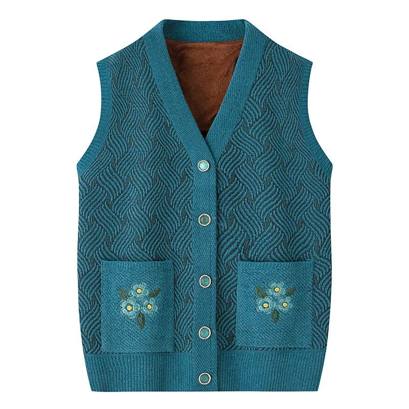 Grandma\'s Spring Autumn Warm Knit Jacket Middle Aged Mother Camisole Sweater Embroidered V-neck Cardigan Vest For Women XL-5XL