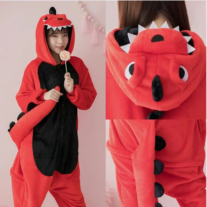 Flannel Dinosaur Kigurumi Pajama Women Male Winter Homewear Girl Onesie Flannel Animal Cosplay Costume Party Jumpsuit Adult Warm