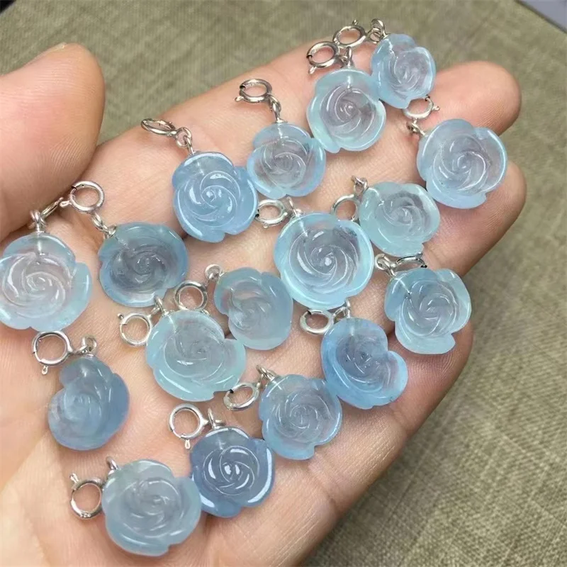 S925 2PCS Natural Aquamarine Flower Pendant Jewelry Making For Earring Bracelet Reiki Healing Stone DIY Accessories