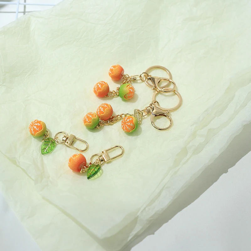 Cute Simulation 3D Orange With Leaf Keychain Pendant Fruit Keyring Bag Charm Key Earphone Phone Pendant Accessories Jewelry Gift