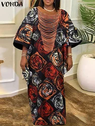 Plus Size VONDA Women Foral Printing Bohemian Maxi Dress 2025 Causal Puff Sleeve Sundress Holiday Eelgant Vestido NO Tassel