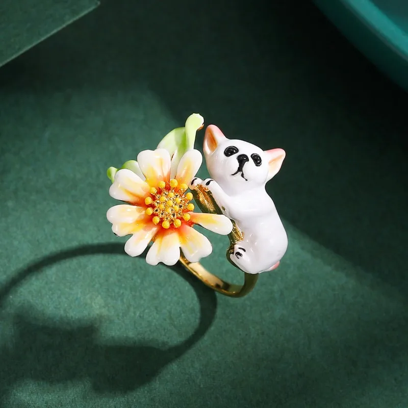 

Vintage Fashion Enamel Glaze Cute Puppy Yellow Flower Daisy, Open Ring, Exquisite Realistic Image Dog Adjustable Rings for Women