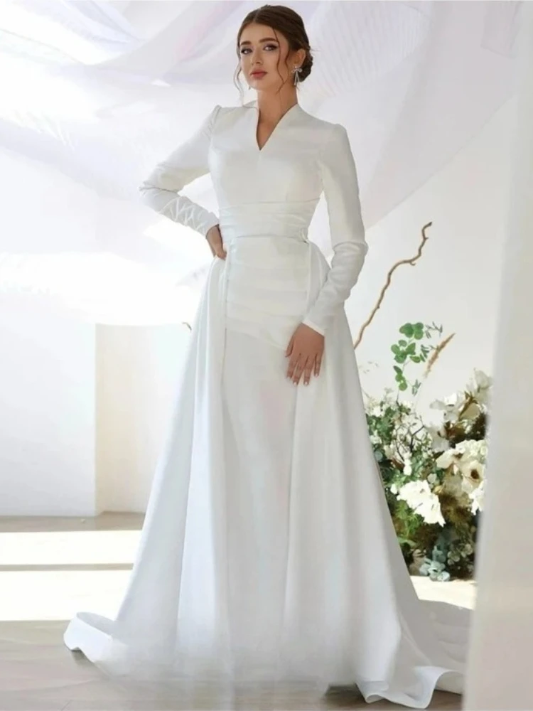 Modest  Long Sleeve Wedding Dresses with Detachable Tail Sweep Train Civil Bridal Gown Plus Size Customized vestido de novia