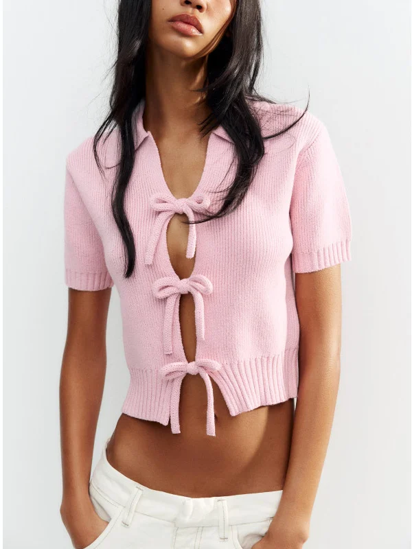 

Faionable Knot ort Sve вязаный открытый кардиган с отложным воротником, женский летний топ, Новое поступление, стандартный крой