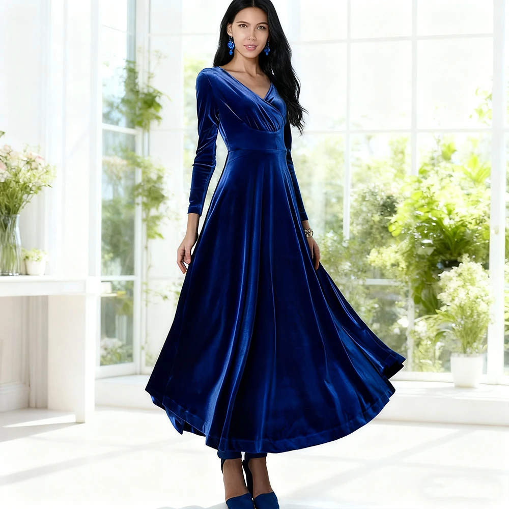 

Long Sleeve V-Neck Maxi Dress with Wide Hem in Golden Velvet Elegant Floor-Length One-Piece Women's Fashion