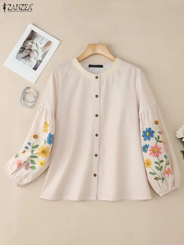 

2025 ZANZEA Autumn Floral Printed Blouse Women Shirt Casual O Neck Long Sleeve Tops Elegant Work Blusas Lace Trim Mujer Femme