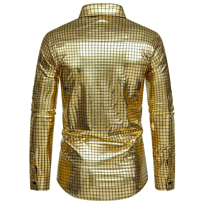 Shiny Gold Plaid Metallic Shirt for Men 2024 New 70s Disco Party Halloween Costume Shirt Stage Party Performance Chemise Homme