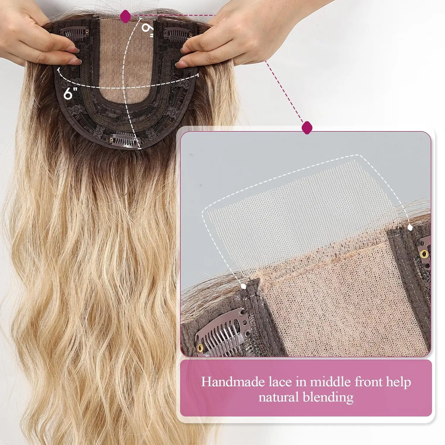 Blonde Ombre Loose Wavy Synthetic Hair Clip in Hair Toppers for Women with Thin Hair Swiss Base Hair Pieces Daily Heat Resistant